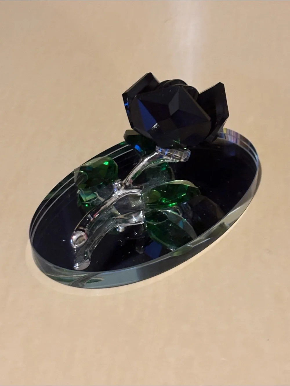 Decorative Glass Black Rose Figurine on a Mirror Base